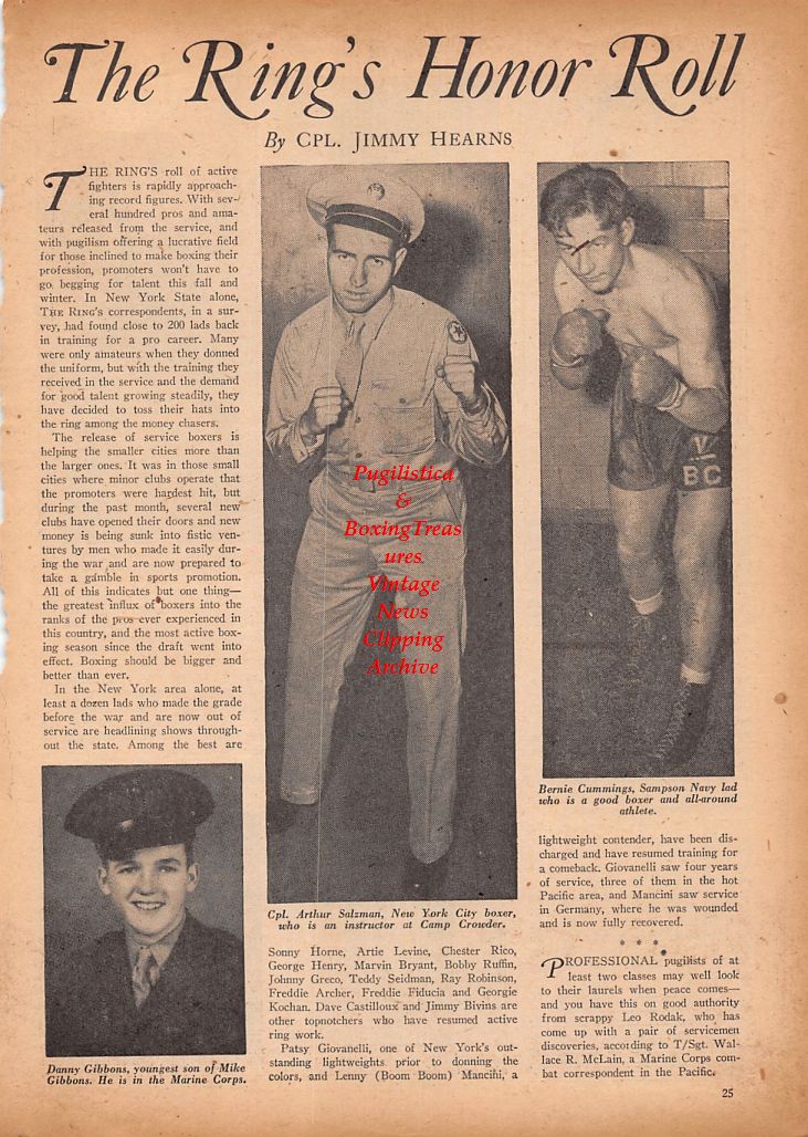 Boxing News Clipping #838 - WWII Military Boxers: Danny Gibbons, Arthur Salzman, Bernie Cummings, Tommy Yarosz, Deno Tufares, Cozy Storace, Johnny Potenti, Freddie Cookson