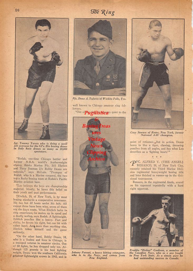 Boxing News Clipping #838 - WWII Military Boxers: Danny Gibbons, Arthur Salzman, Bernie Cummings, Tommy Yarosz, Deno Tufares, Cozy Storace, Johnny Potenti, Freddie Cookson