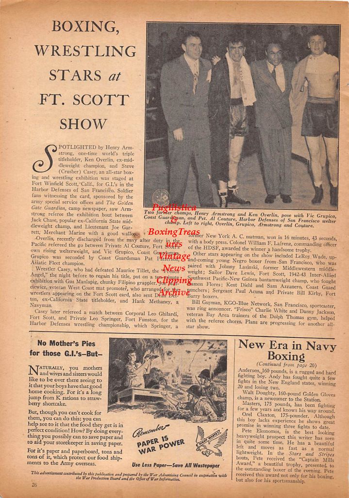 Boxing News Clipping #84 - Ruby Margolin, Henry Armstrong, Ken Overlin, Vic Grupico, Al Couture