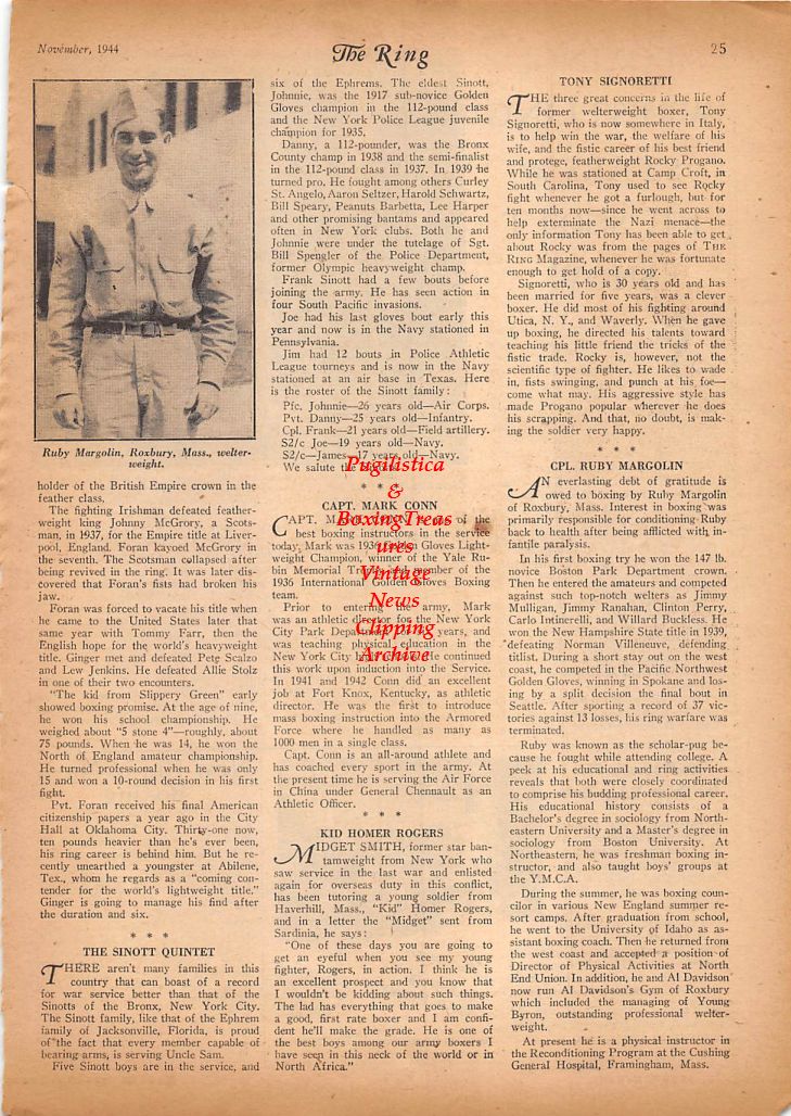 Boxing News Clipping #84 - Ruby Margolin, Henry Armstrong, Ken Overlin, Vic Grupico, Al Couture