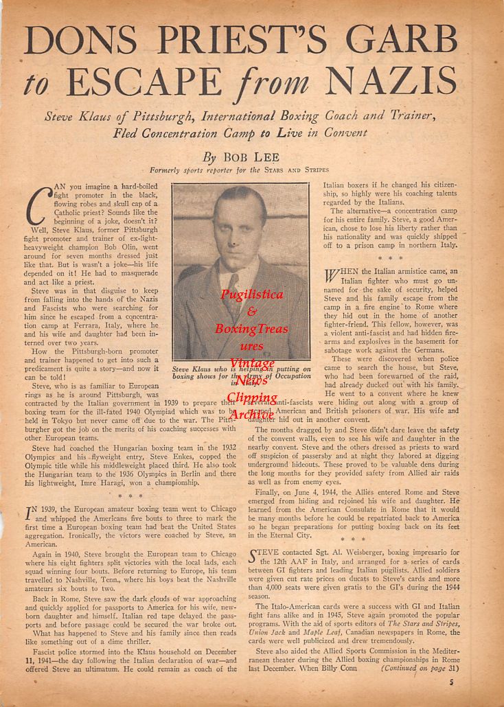 Boxing News Clipping #846 - Steve Klaus "Dons Priest's Garb to Escape from Nazis"