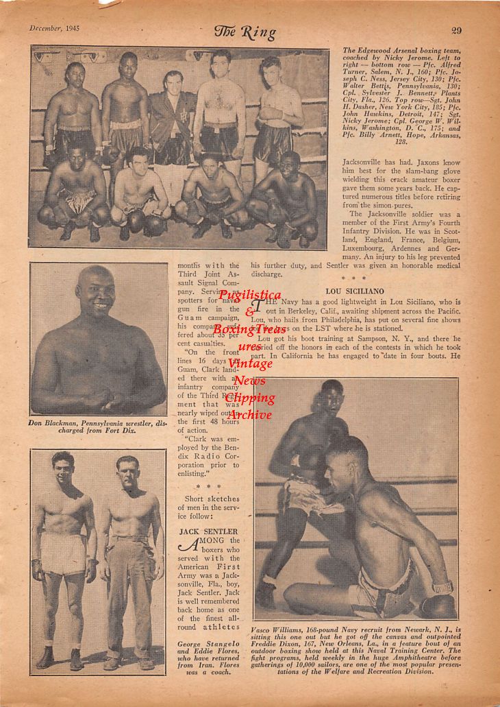 Boxing News Clipping #848 - WWII Boxers: Nicky Jeromes, Don Blackman, George Stangelo, Freddie Dixon, Tommy Marra, Joe Muscato, Jimmy Edgar and others