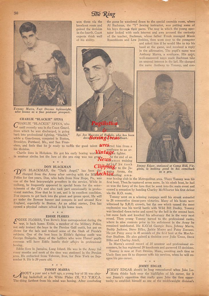 Boxing News Clipping #848 - WWII Boxers: Nicky Jeromes, Don Blackman, George Stangelo, Freddie Dixon, Tommy Marra, Joe Muscato, Jimmy Edgar and others