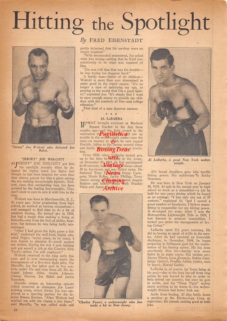 Boxing News Clipping #849 - Jersey Joe Walcott, Charley Fusari, Al LaBarba