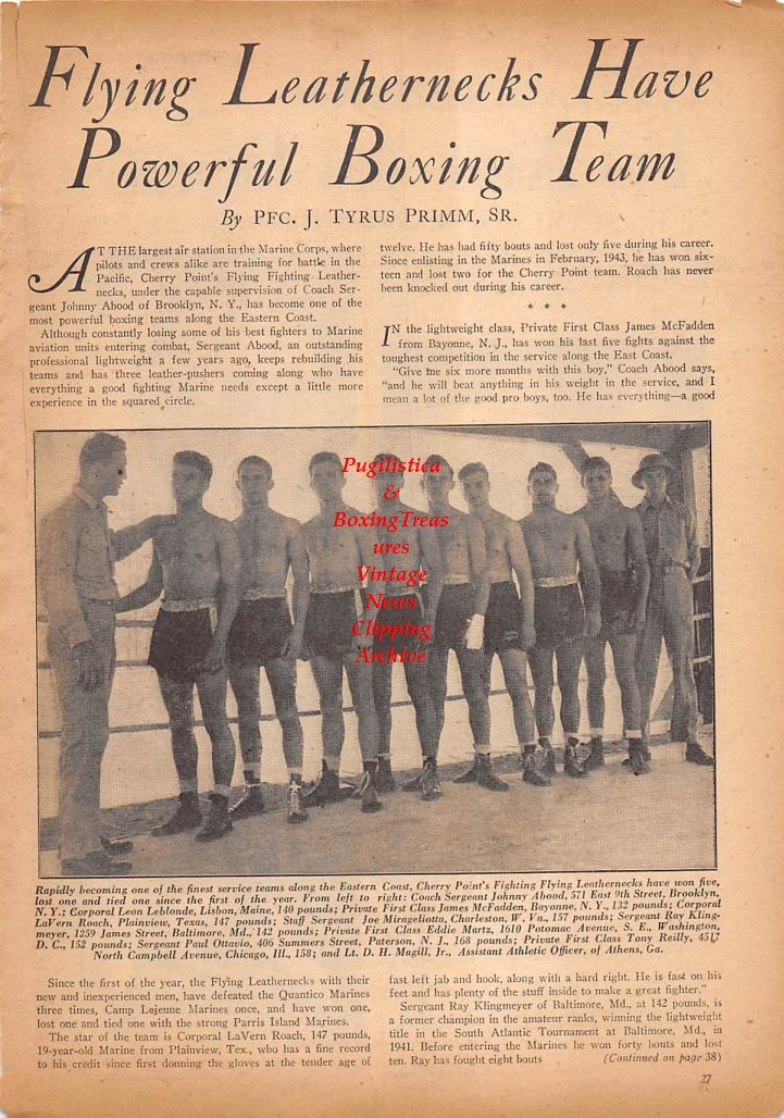 Boxing News Clipping #85 - Flying Leathernecks Boxing Team, Military Boxing In Iceland / Johnny Abood, Leon Leblonde, Lavern Roache, Ray Klingmeyer, Jack Bostock, Johnny Bigg and Others