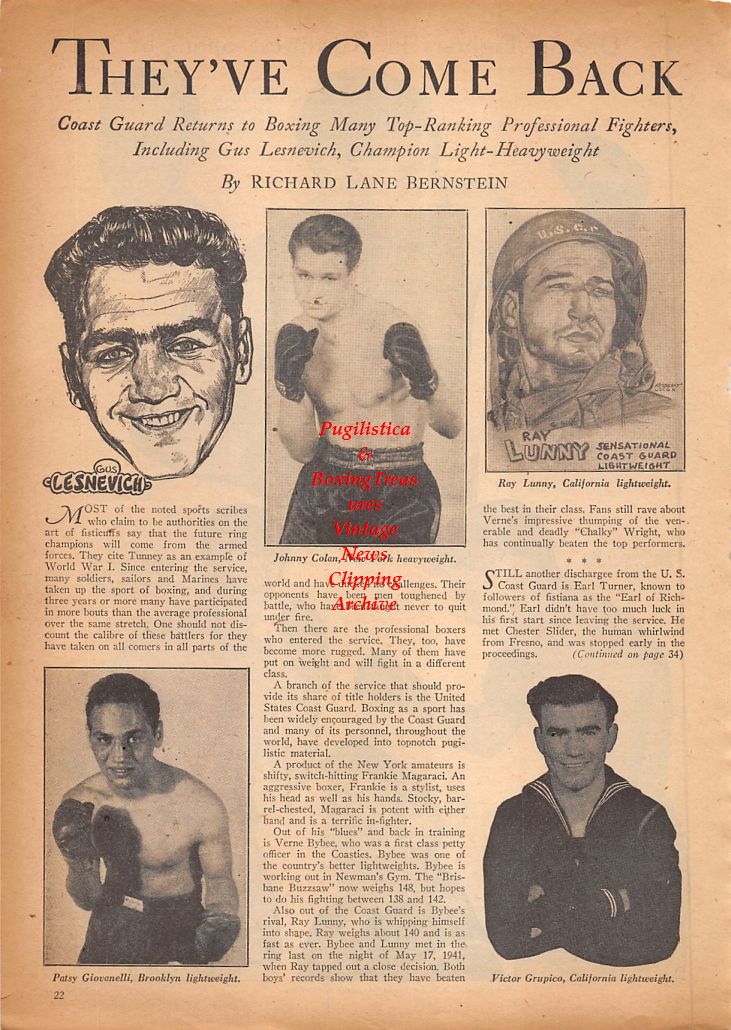 Boxing News Clipping #850 - Gus Lesnevich, Johnny Colan, Ray Lunny, Patsy Giovanelli, Victor Grupico, Bill Bettis, Dick Wagner, Duane Hoag, Joe Kahut, Joe Clemo