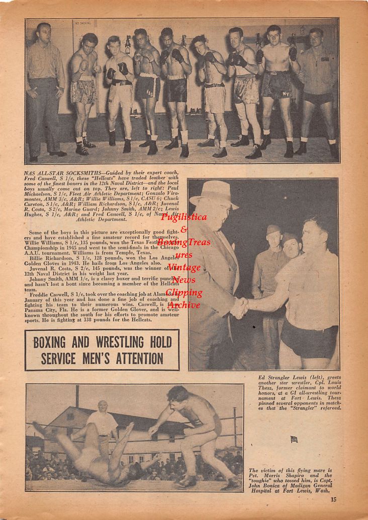 Boxing News Clipping #852 - Chalky Wright vs. Humberto Zavala, Freddie Fiducia vs. Freddie Schott, WWII Naval All-Star Team, Ed Strangler Lewis, Lou Thesz, Morris Shapiro vs. John Bonica