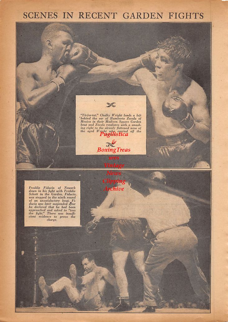 Boxing News Clipping #852 - Chalky Wright vs. Humberto Zavala, Freddie Fiducia vs. Freddie Schott, WWII Naval All-Star Team, Ed Strangler Lewis, Lou Thesz, Morris Shapiro vs. John Bonica
