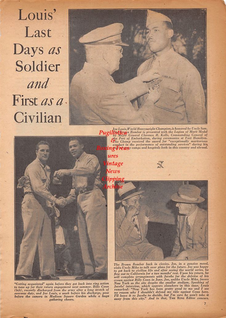 Boxing News Clipping #856 - Joe Louis discharged from Army, Billy Conn, Abel Cestac vs. Big Ben Moroz, Juan Carrero vs. Victor Flores