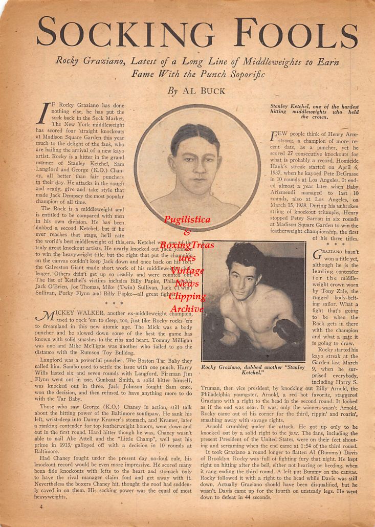 Boxing News Clipping #858 - Stanley Ketchel, Rocky Graziano