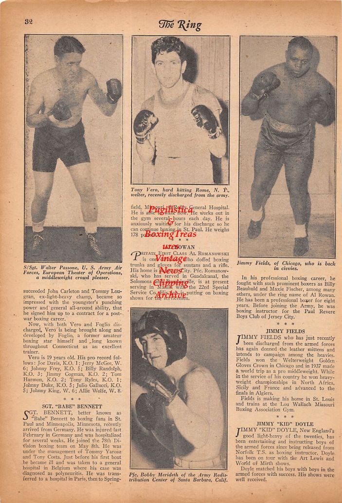 Boxing News Clipping #860 - WWII Military Boxers: Walter Passone, Tony Vero, Jimmy Fields, Bobby Merideth, Willie White, Al Colletti