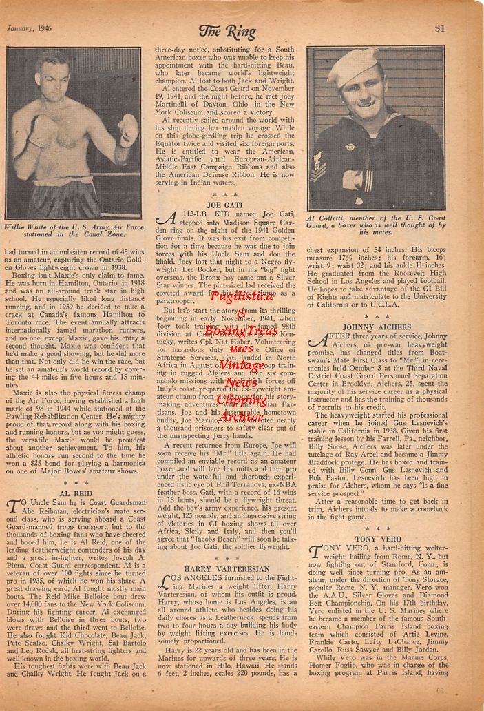 Boxing News Clipping #860 - WWII Military Boxers: Walter Passone, Tony Vero, Jimmy Fields, Bobby Merideth, Willie White, Al Colletti