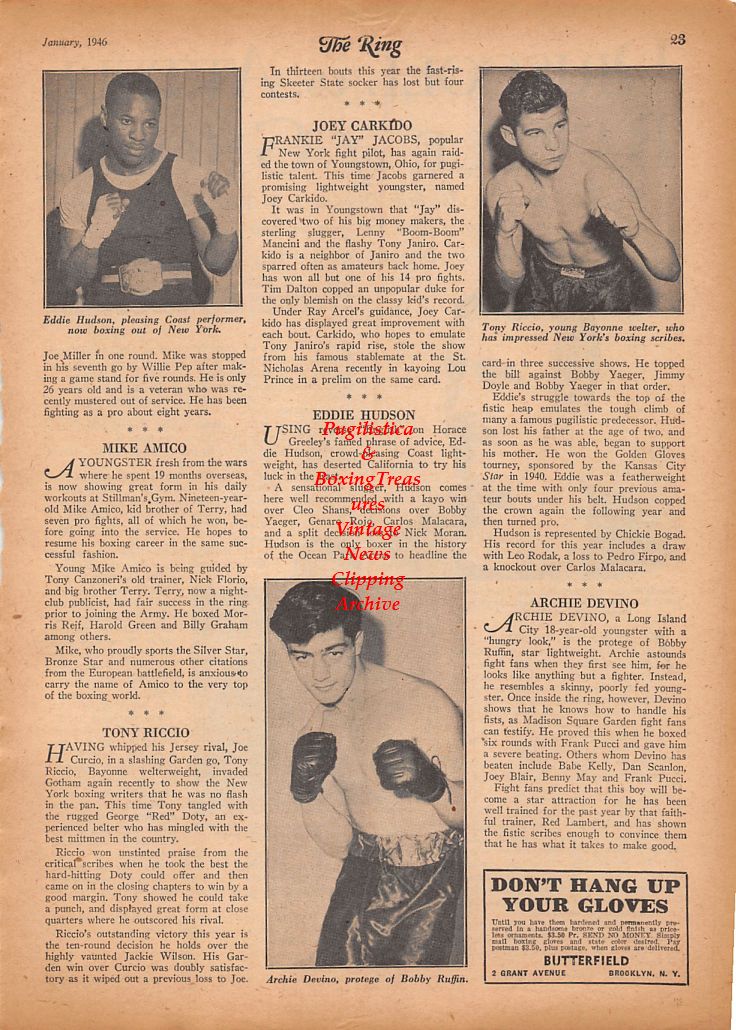 Boxing News Clipping #862 - Tom O'Rourke, Charley Harvey, Eddie Hudson, Tony Riccio, Archie Devino