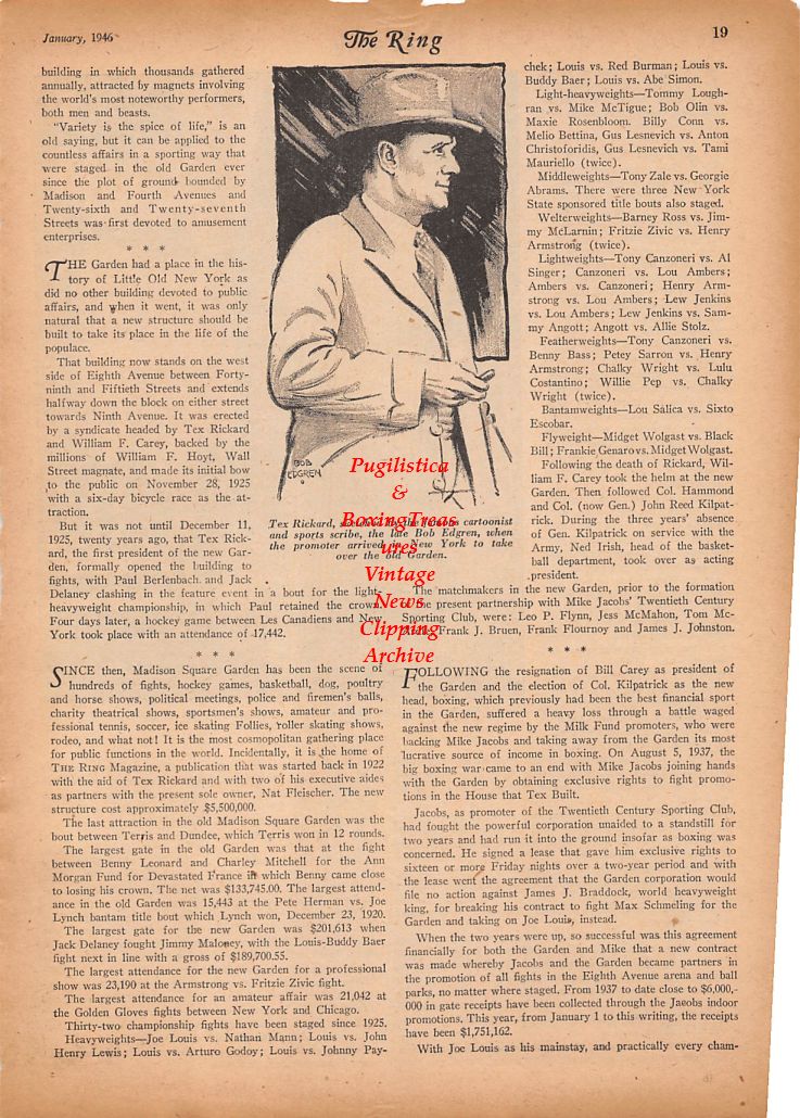 Boxing News Clipping #864 - Old Madison Square Garden, Tex Rickard