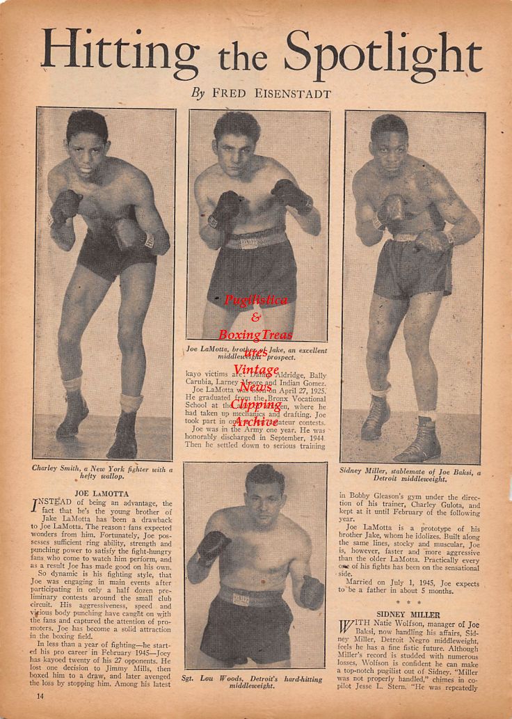 Boxing News Clipping #867 - Charley Smith, Joey LaMotta, Sidney Miller, Lou Woods, Billy Conn