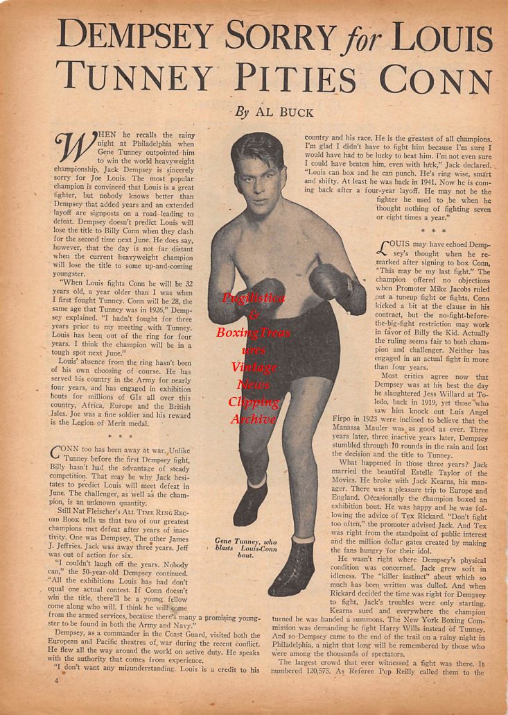 Boxing News Clipping #872 - Joe Louis vs. Billy Conn featuring Gene Tunney and Eddie Eagan