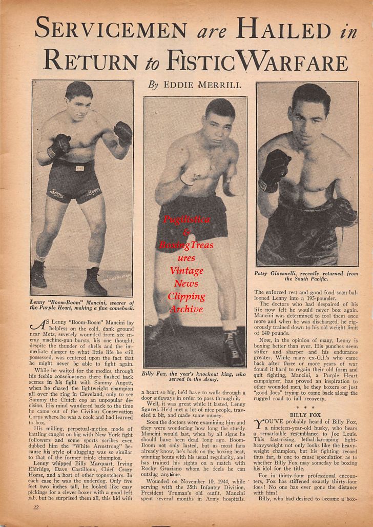Boxing News Clipping #878 - Lenny Mancini, Billy Fox, Patsy Giovanelli, Valente Angel vs. Willie Costa
