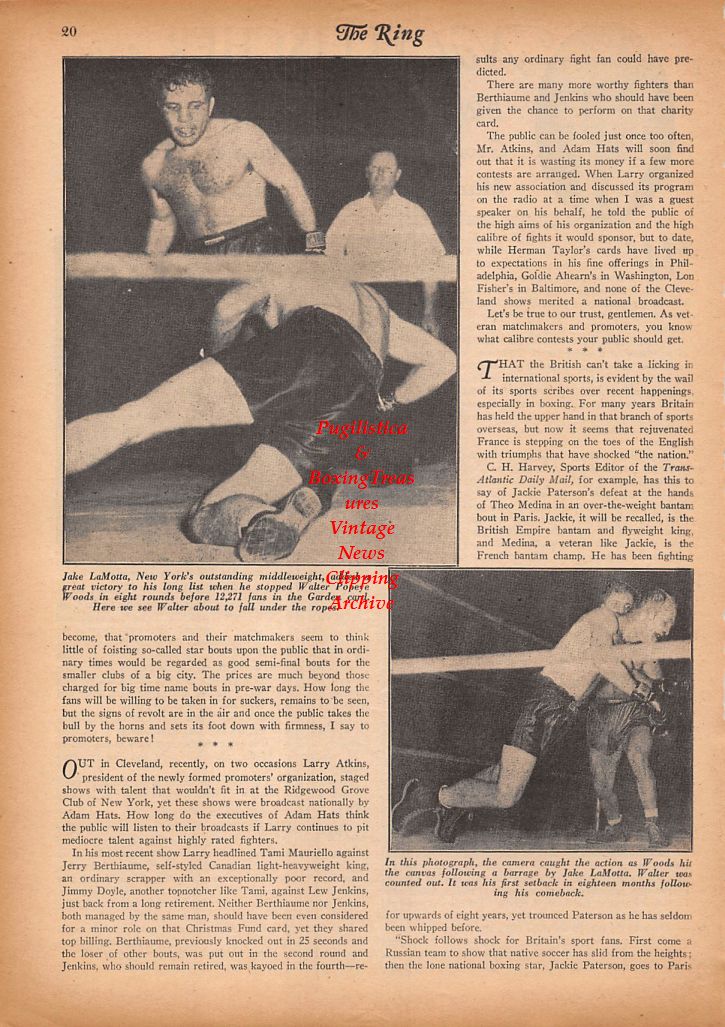 Boxing News Clipping #879 - Tippy Larkin vs. Nick Moran, Jake LaMotta vs. Walter Popeye Woods
