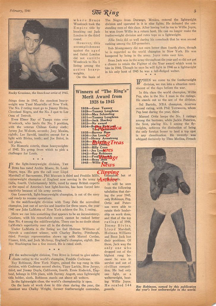 Boxing News Clipping #883 - Sugar Ray Robinson, Rocky Graziano, Bruce Woodcock, Tami Mauriello