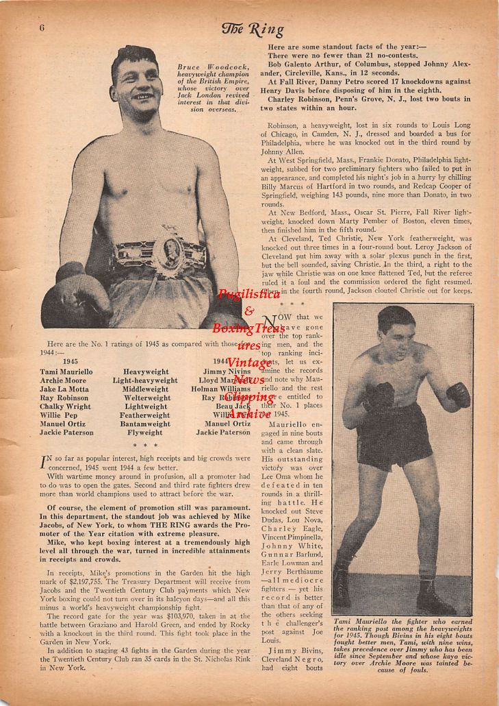 Boxing News Clipping #883 - Sugar Ray Robinson, Rocky Graziano, Bruce Woodcock, Tami Mauriello