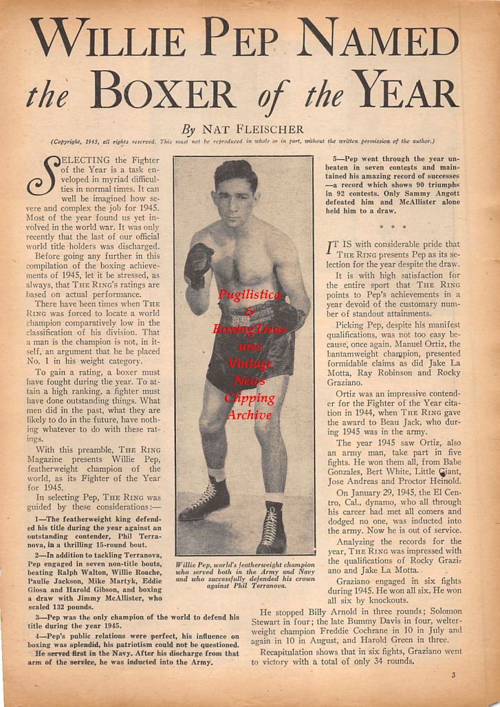 Boxing News Clipping #885 - Willie Pep, Rocky Graziano vs. Freddie Cochrane