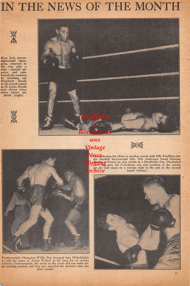 Boxing News Clipping #888 - Jersey Joe Walcott vs. Elmer Ray, Lee Oma, Tommy Gomez and Joey Maxim, Beau Jack vs. Humberto Zavala, Nils Andersson vs. Georges Martin, Willie Pep vs. Archie Wilmer