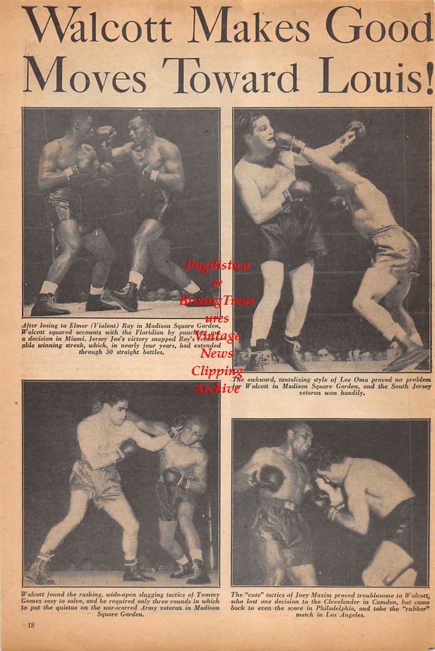 Boxing News Clipping #888 - Jersey Joe Walcott vs. Elmer Ray, Lee Oma, Tommy Gomez and Joey Maxim, Beau Jack vs. Humberto Zavala, Nils Andersson vs. Georges Martin, Willie Pep vs. Archie Wilmer