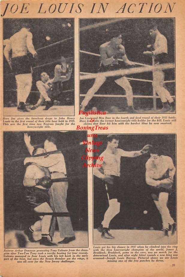 Boxing News Clipping #894 - Joe Louis vs. Jersey Joe Walcott, John Henry Lewis, Max Baer, Tony Galento and James J. Braddock