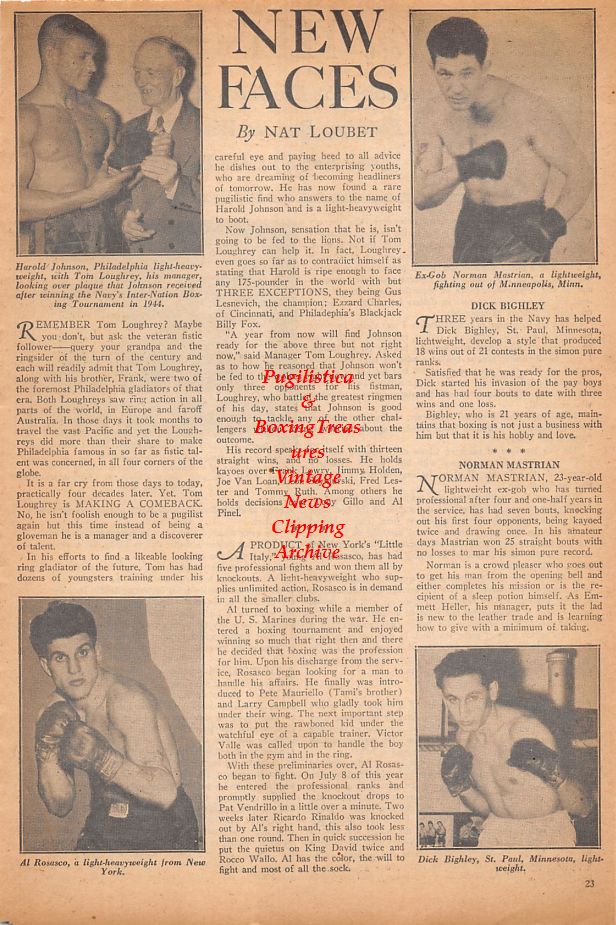 Boxing News Clipping #896 - Harold Johnson, Norman Mastrian, Al Rosasco, Dick Bighley, Marcel Cerdan vs. Anton Raadik