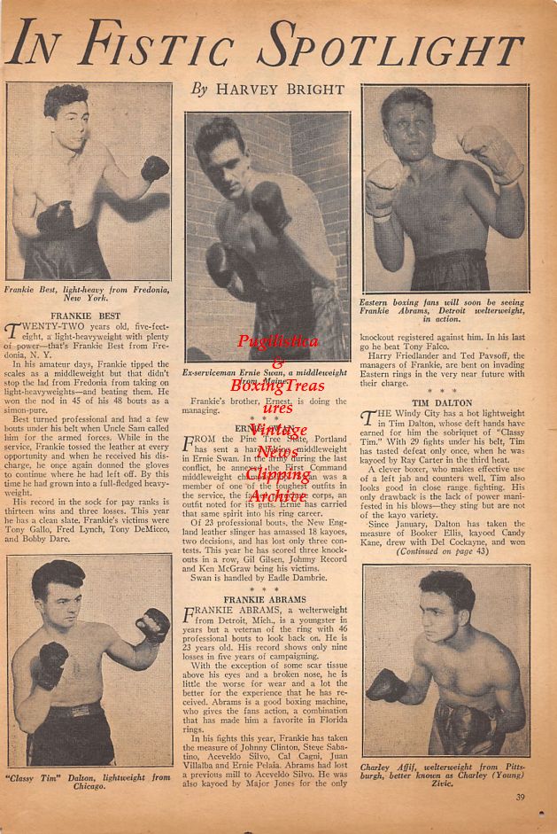 Boxing News Clipping #901 - Frankie Best, Ernie Swan, Frankie Abrams, Tim Dalton, Charley Young Zivic, Midget Smith and Joe Lynch
