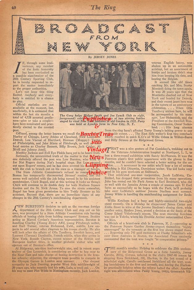 Boxing News Clipping #901 - Frankie Best, Ernie Swan, Frankie Abrams, Tim Dalton, Charley Young Zivic, Midget Smith and Joe Lynch