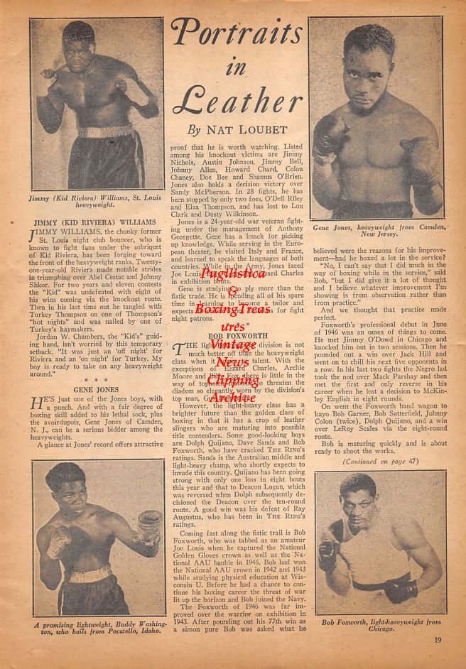 Boxing News Clipping #908 - Kid Riviera, Gene Jones, Buddy Washington, Bob Foxworth, Manuel Ortiz, Joe Louis