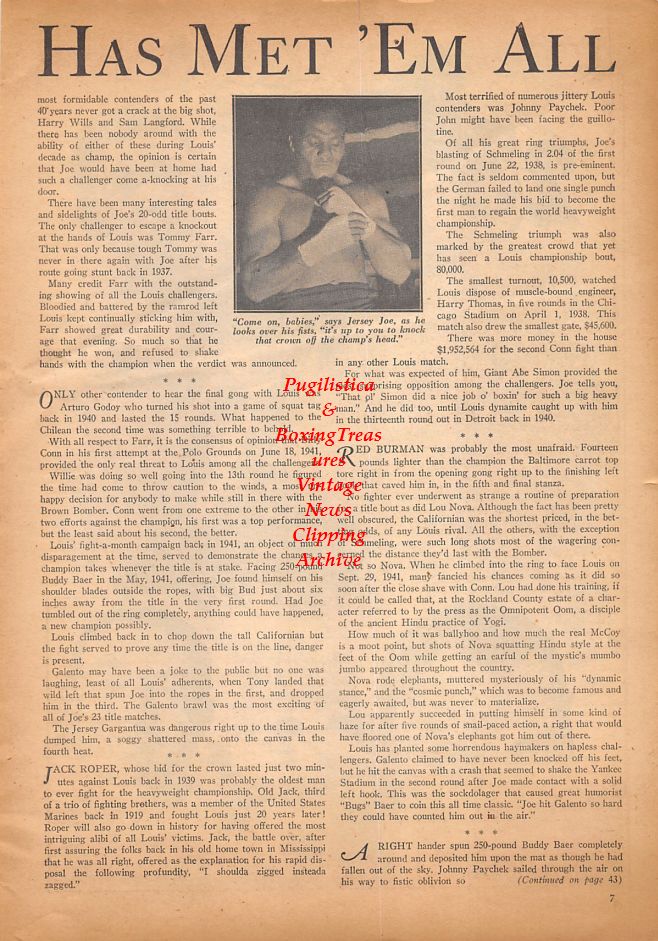 Boxing News Clipping #914 - Joe Louis cartoon, Jersey Joe Walcott