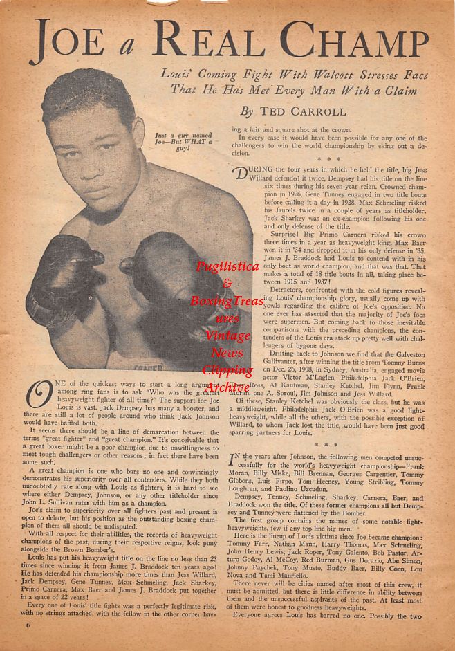Boxing News Clipping #915 - Tony Janiro vs. Tony Pellone, Ike Williams vs. Doll Rafferty, Joe Louis