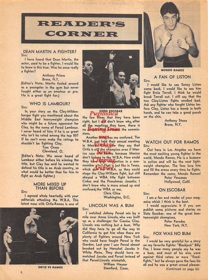 Boxing News Clipping #945 - Mando Ramos, Sixto Escobar, Carlos Ortiz vs. Sugar Ramos