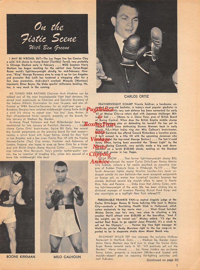 Boxing News Clipping #946 - Muhammad Ali vs. Cleveland Williams, Carlos Ortiz, Boone Kirkman, Milo Calhoun