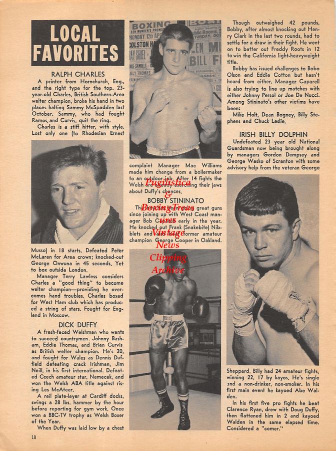 Boxing News Clipping #951 - Ralph Charles, Dick Duffy, Bobby Stininato, Irish Billy Dolphin, Carlos Ortiz vs. Flash Elorde