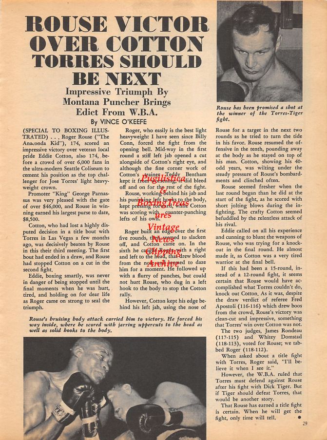 Boxing News Clipping #956 - Roger Rouse vs. Eddie Cotton, Billy Walker vs. Jose Menno