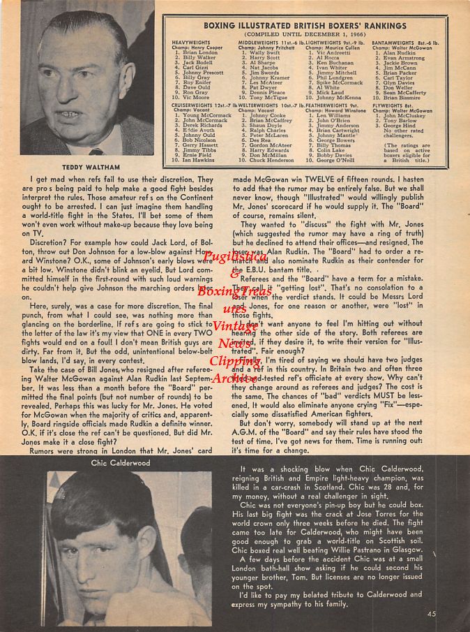 Boxing News Clipping #964 - Walter McGowan vs. Ray Perez and Alan Rudkin, Teddy Waltham, Chic Calderwood