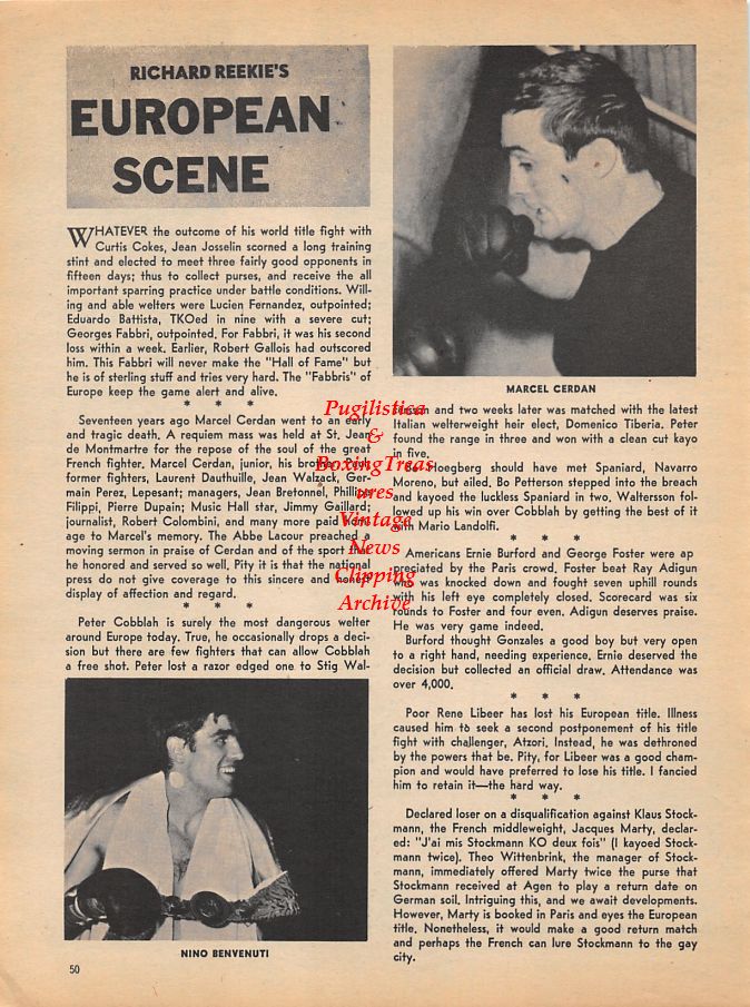 Boxing News Clipping #966 - Walter McGowan pin-up, Marcel Cerdan Jr., Nino Benvenuti