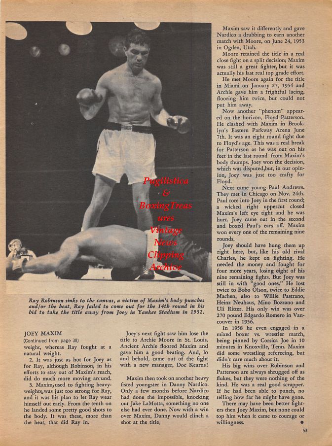 Boxing News Clipping #968 - Sugar Ray Robinson vs. Joey Maxim, Bobo Olson