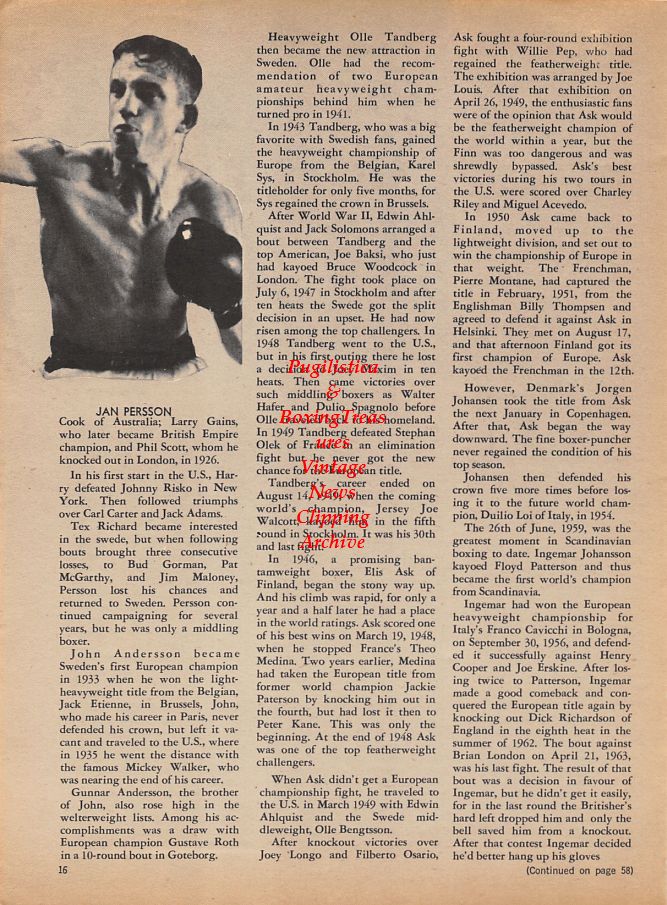 Boxing News Clipping #980 - Ingemar Johansson, Kid Williams, Jan Persson