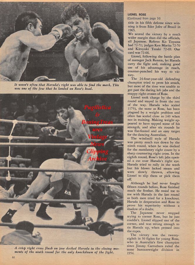 Boxing News Clipping #994 - Lionel Rose vs. Fighting Harada, Vicente Saldivar, Howard Winstone, Joe Bugner, Ted Broadribb, Jack Kid Berg