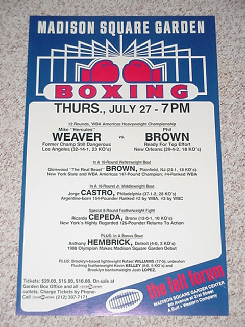 Kevin Kelley, Mike Weaver, Glenwood Brown, Jorge Castro, etc. - July 27, 1989 MSG Fight Poster