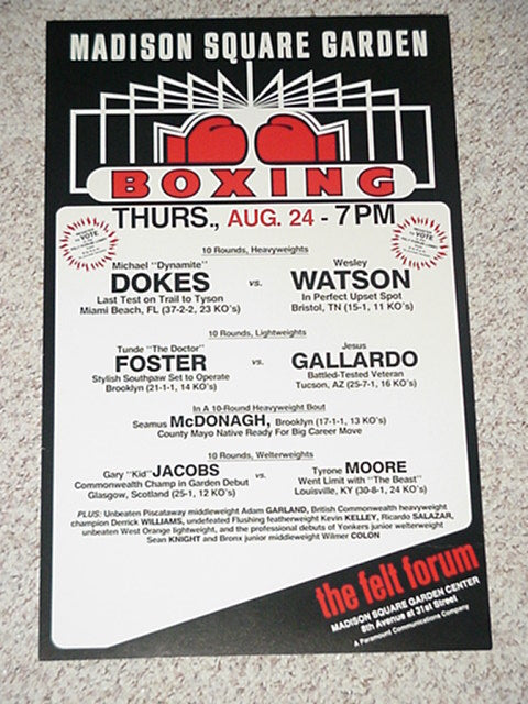 Michael Dokes, Kevin Kelley, Seamus McDonagh - August 25, 1989 MSG Fight Poster