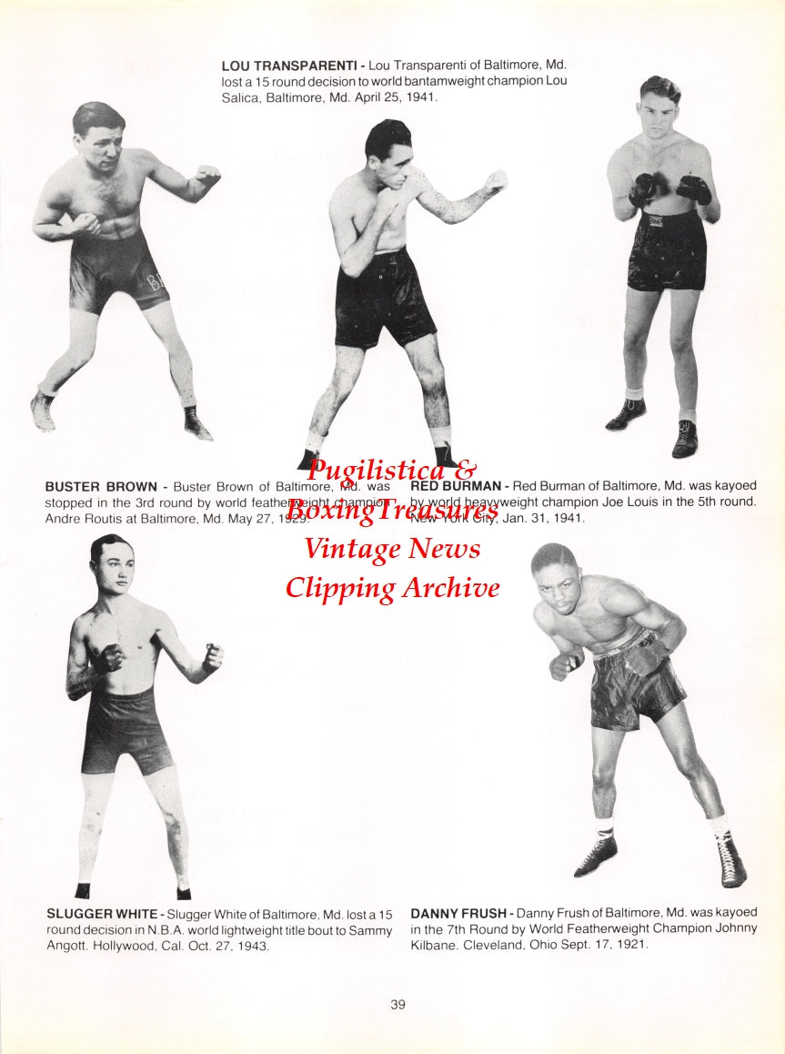 Boxing News Clipping #2758 - Lou Transparenti, Buster Brown, Red Burman, Slugger White, Danny Frush