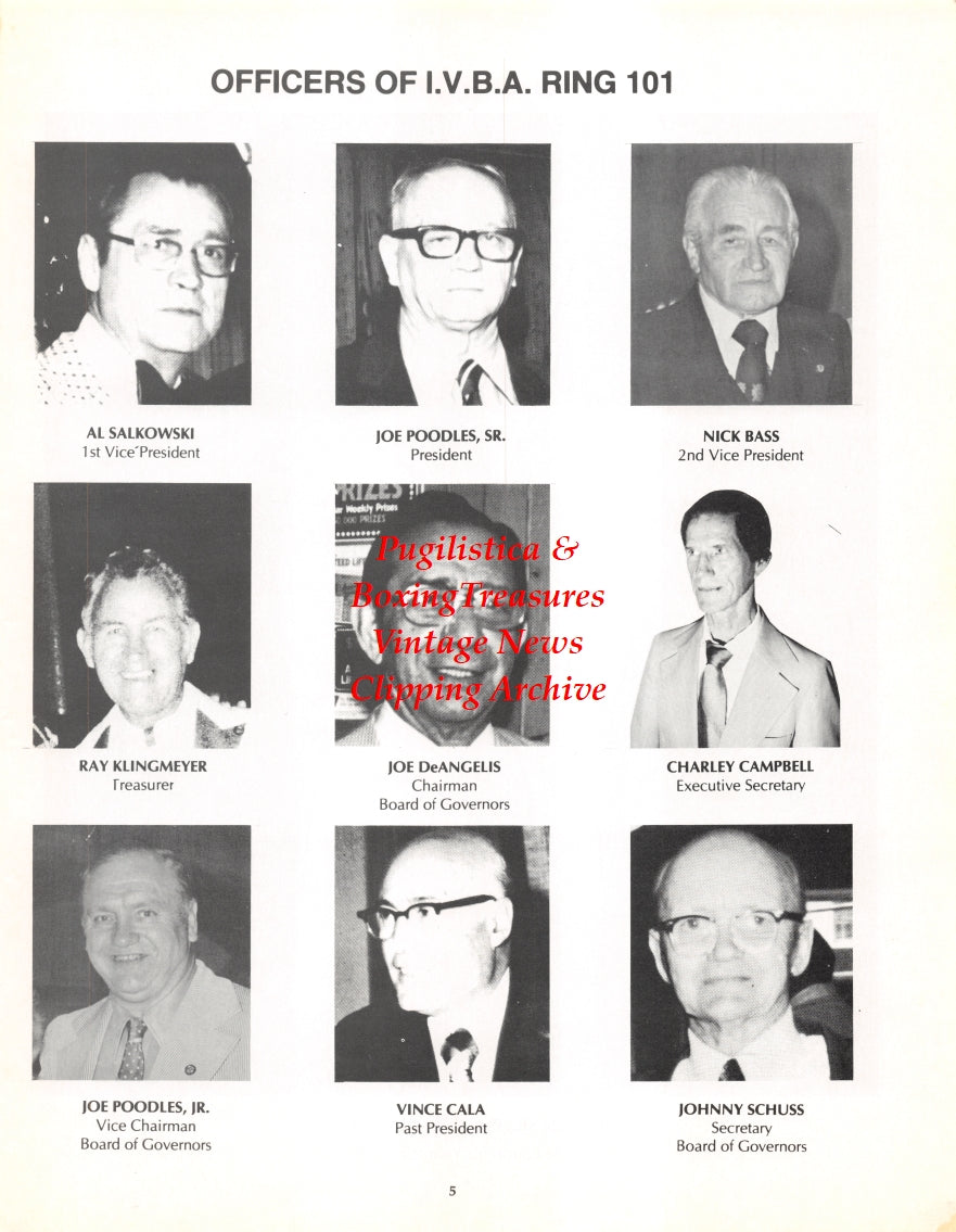Boxing News Clipping #2687 - Al Salkowski, Joe Poodles Sr., Nick Bass, Ray Klingmeyer, Joe DeAngelis, Charley Campbell, Joe Poodles Jr., Vince Cala, Johnny Schuss