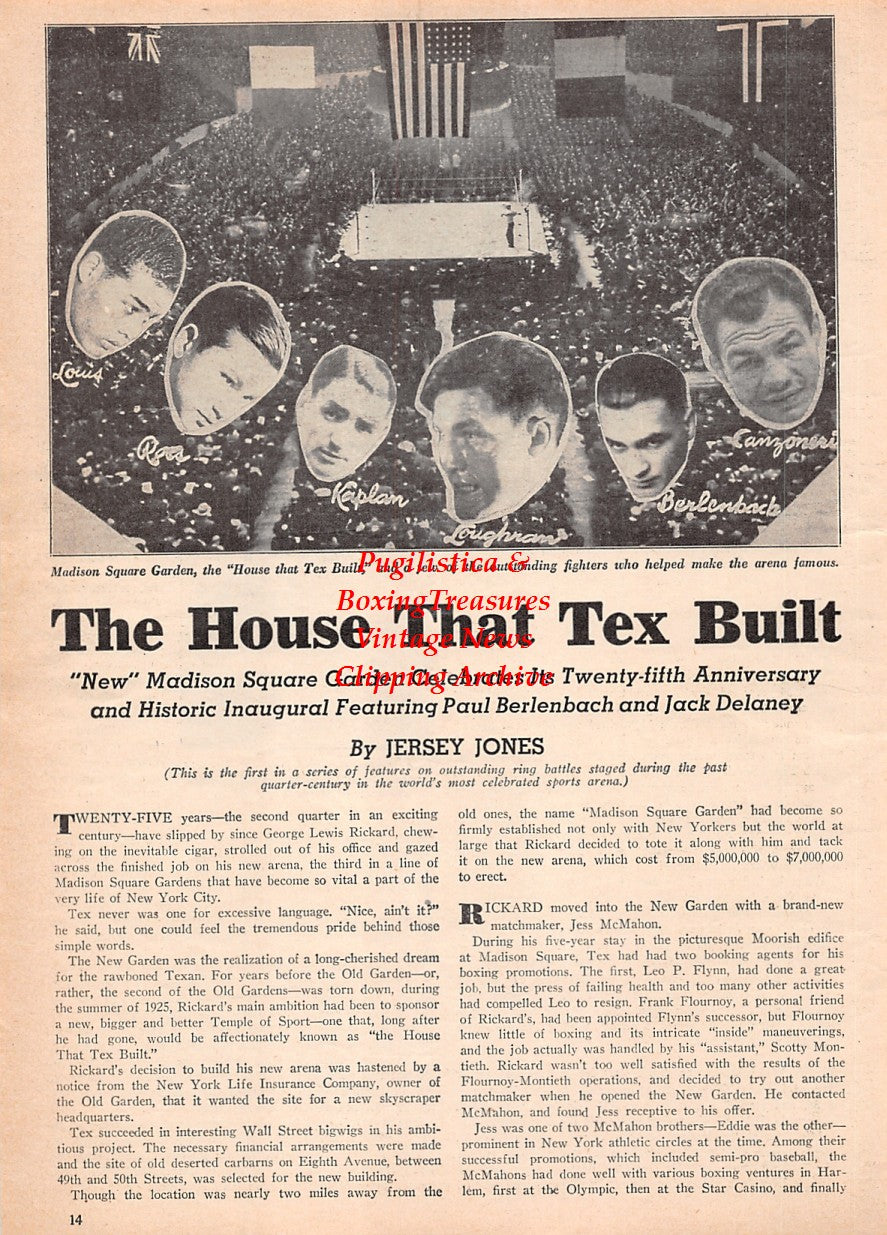 Boxing News Clipping #2570 - Madison Square Garden "The House That Tex Built", Paul Berlenbach, Joe Louis, Barney Ross, Tony Canzoneri, Tommy Loughran, Tommy Farr, Dado Marino