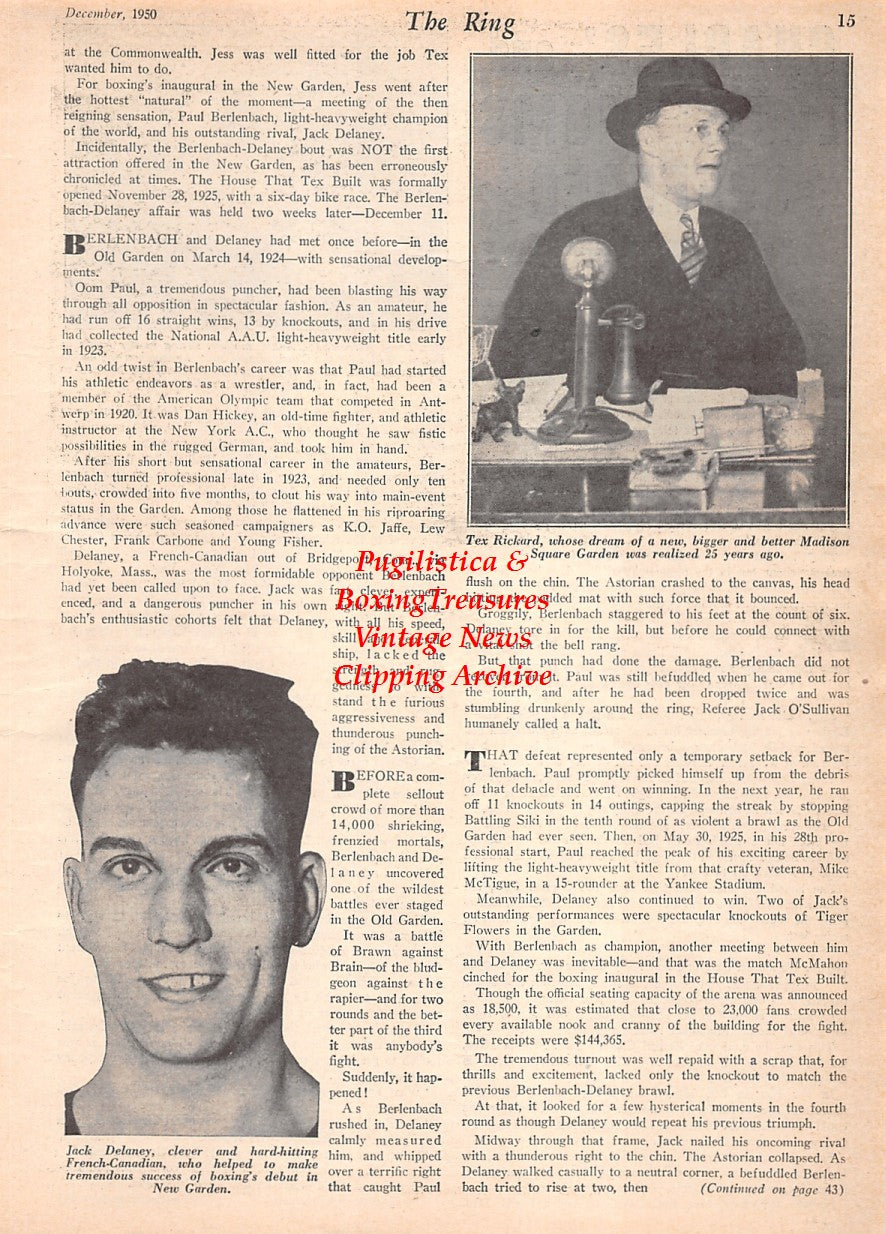 Boxing News Clipping #2571 - Tex Rickard, Jack Delaney, Mrs. Joe Louis Barrow