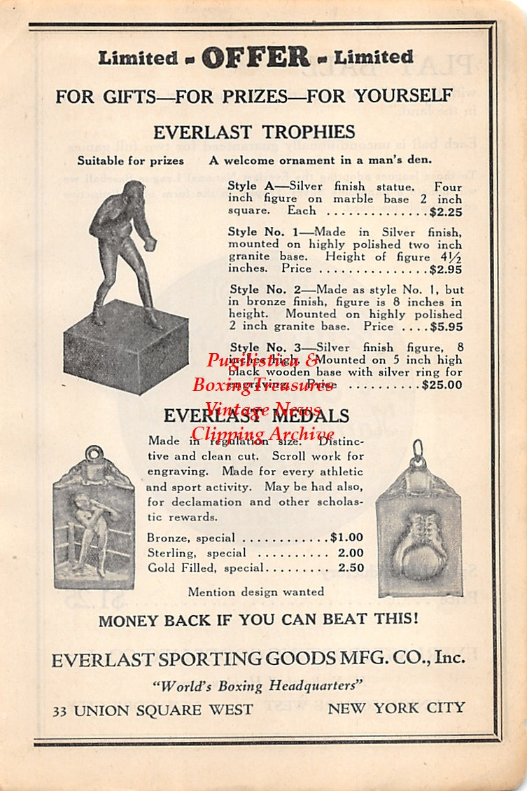 Boxing News Clipping #2615 - Ads for Everlast Boxing Trophies, Medals and Baseballs
